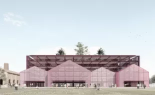 La Piazza verde polivalente con il Parcheggio multipiano ed il Teatro